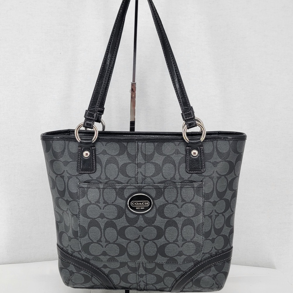 Coach Heritage Signature Stripe Tote Black Grey Monogram Bag F18917